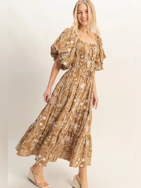 NEW HYFVE Brown Floral Puff Sleeve Maxi Dress Size Large Smocked Waist Tiered